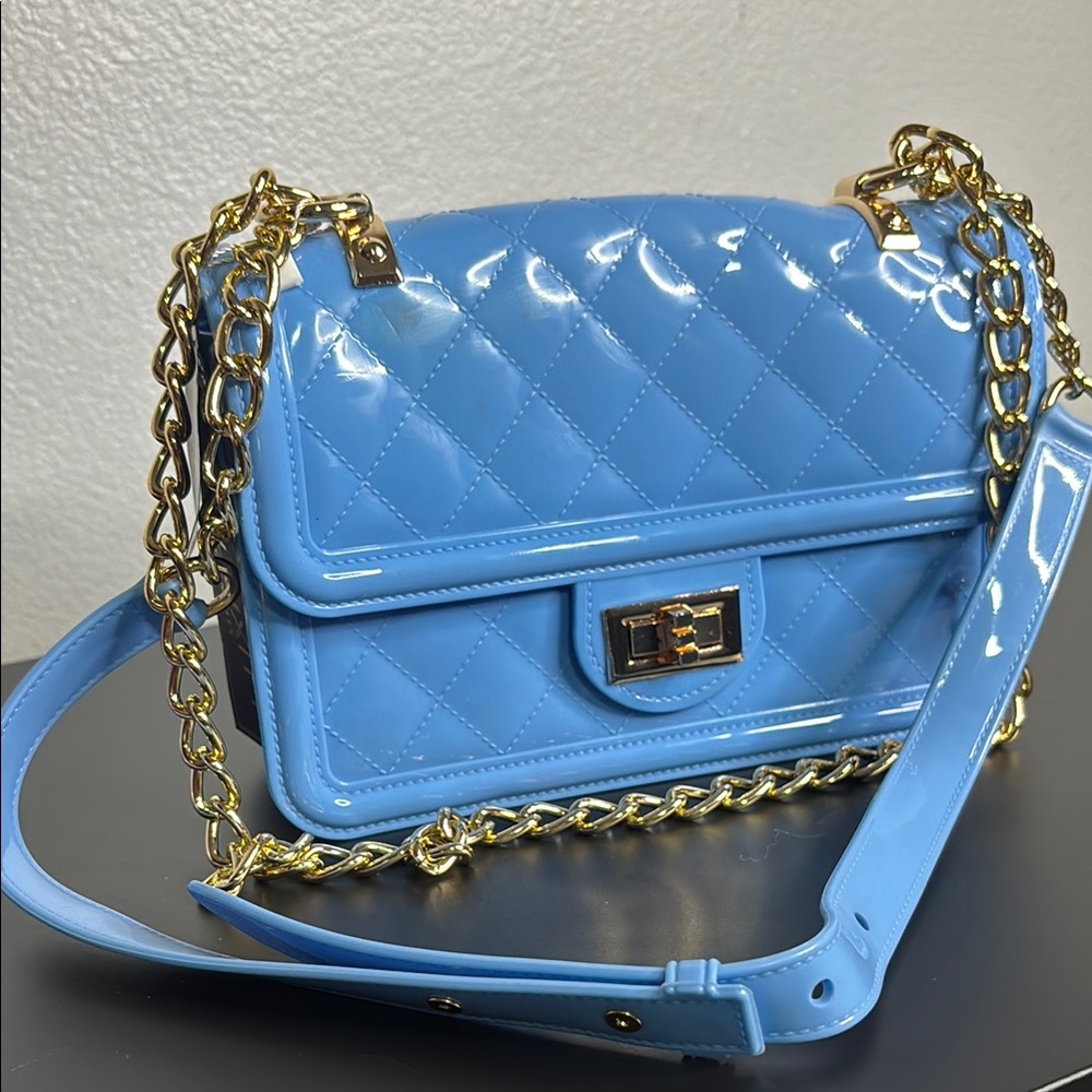 Blue and Gold Quilted Crossbody Bag with Chain Strap